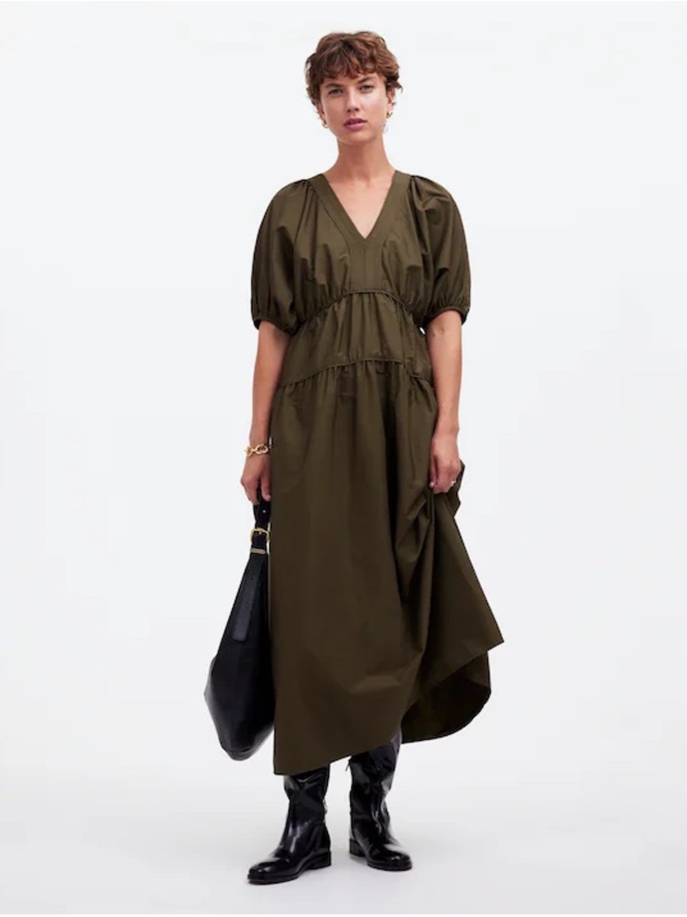 Madewell Puff- Sleeve Midi Dress in Poplin Faded Ivy Green V-Neck Size L